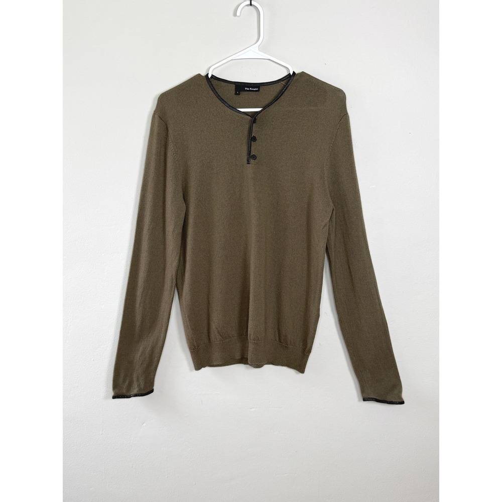 The Kooples Leather Trim Merino Wool‎ Henley Sweater L Brown Edgy Luxury Casual